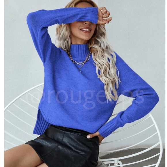 Rouge! Sweaters - Royal Blue Knit Turtleneck Pullover Sweater Long Sleeve Side Slits